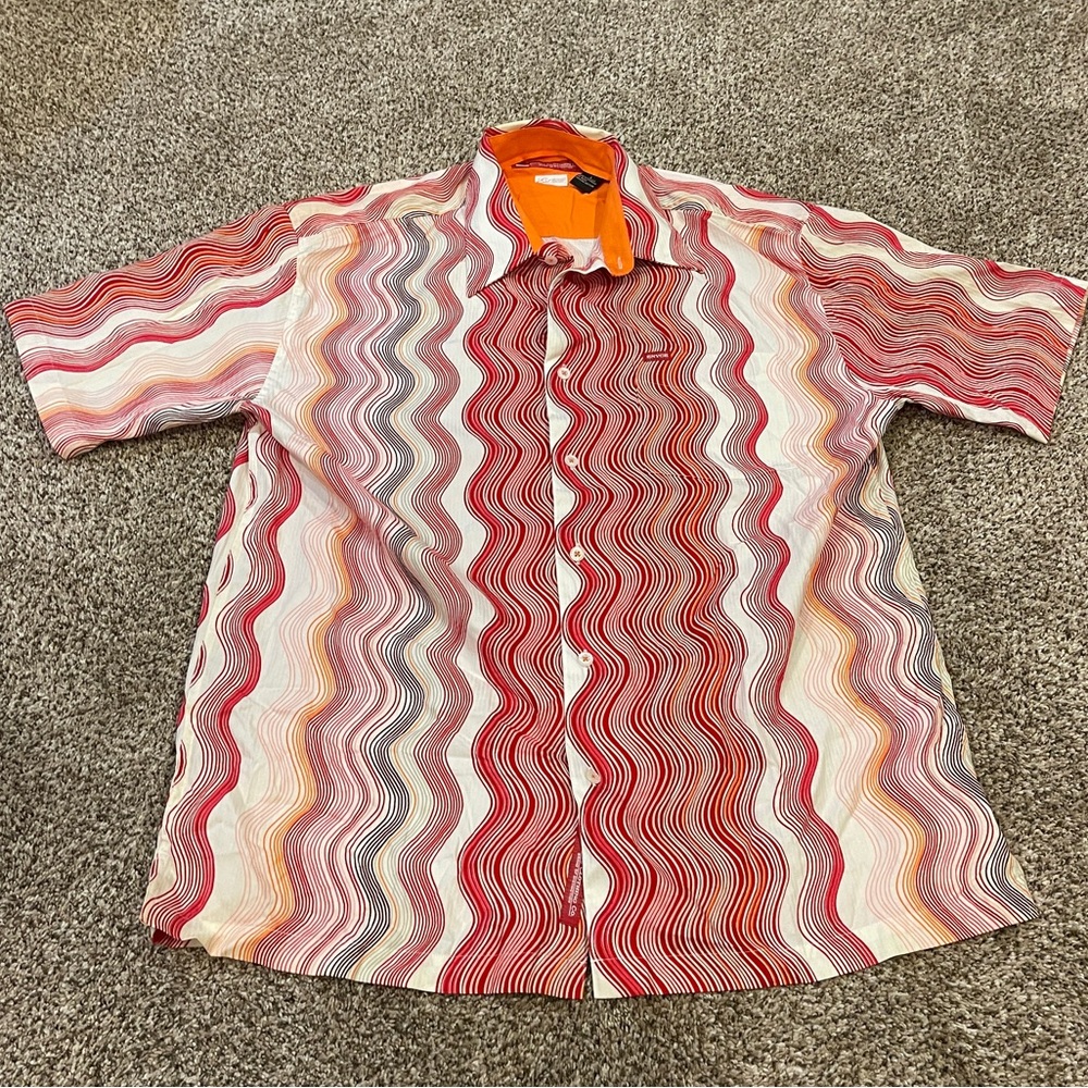 Men's Size Large Enyce Clothing Co. Red Striped 70s Style Bacon Polo Shirt
